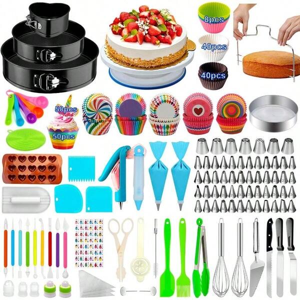 Suministros para decorar pasteles, Kit de decoración de pasteles de 493 piezas con 3 moldes de resorte, plato giratorio para pasteles, 48 boquillas para glaseado, boquillas rusas, suministros de repostería, kit de decoración de magdalenas, multicolor