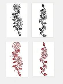 1-4张情人节海娜纹身贴纸，防水防汗，红黑玫瑰藤蔓图案，色彩鲜艳时尚，适用于手部和指甲，花卉设计，临时纹身，适用于生日、婚礼和派对装饰，可持续3-5天 - 彩色 - 查看 4