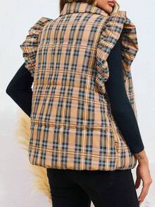 Women's Plaid Quilted Puffer Vests Ruffle Cap Sleeve Sleeveless Lightweight Vest Fall Winter Winter Warm Puffy Jacket Padded Gilets Coats - Màu Khaki - Xem 6