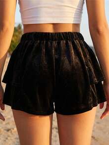 Women's Tiered Ruffle Mini Skirt Elegant Solid Color Low Rise Velvet Skirt For Party Work Daily Wear - Black - View 2