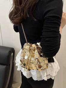 1pc Chain Drawstring Closure PVC Sequin Shiny Bucket Bag, Metal Pearl Decor Glitter Colorful Women's Evening Clutch Shoulder Crossbody Lipstick Bag, Fashion Gift, Suitable For Women's Party And Evening Wear - Gold - View 6