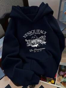 1 Pcs D92 - Loose Hoodie, Fashion  Italian Architecture Rowing Letter Pattern Printed Hoodie, Spring And Autumn, Women's Wear L14970180g 100% Cotton - 深紅色-A - 查看 9