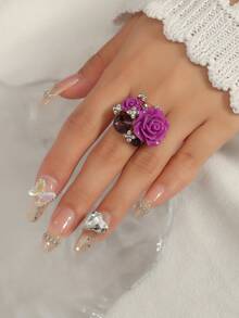 1 pieza Anillo de flor de rosa de resina ajustable, uso diario de moda para mujeres - 10084 Rosas en Múltiples Colores - Ver 6