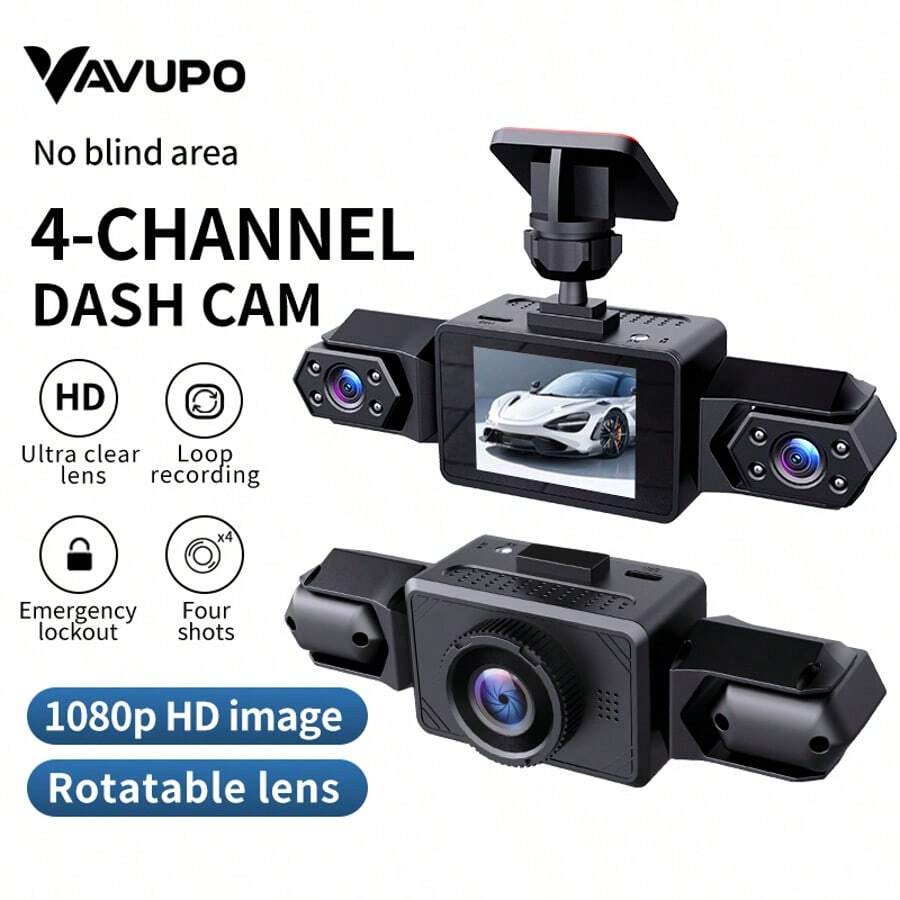 Vavupo 4-Channel Dash Cams For Car: This Blind-Spot-Free CAR DVR Features 1080P HD Image, Rotatable Lens, Ultra Clear Lens, Loop Recording & Emergency Lockout - 4 ống kính + Thẻ nhớ 32G - Xem 1