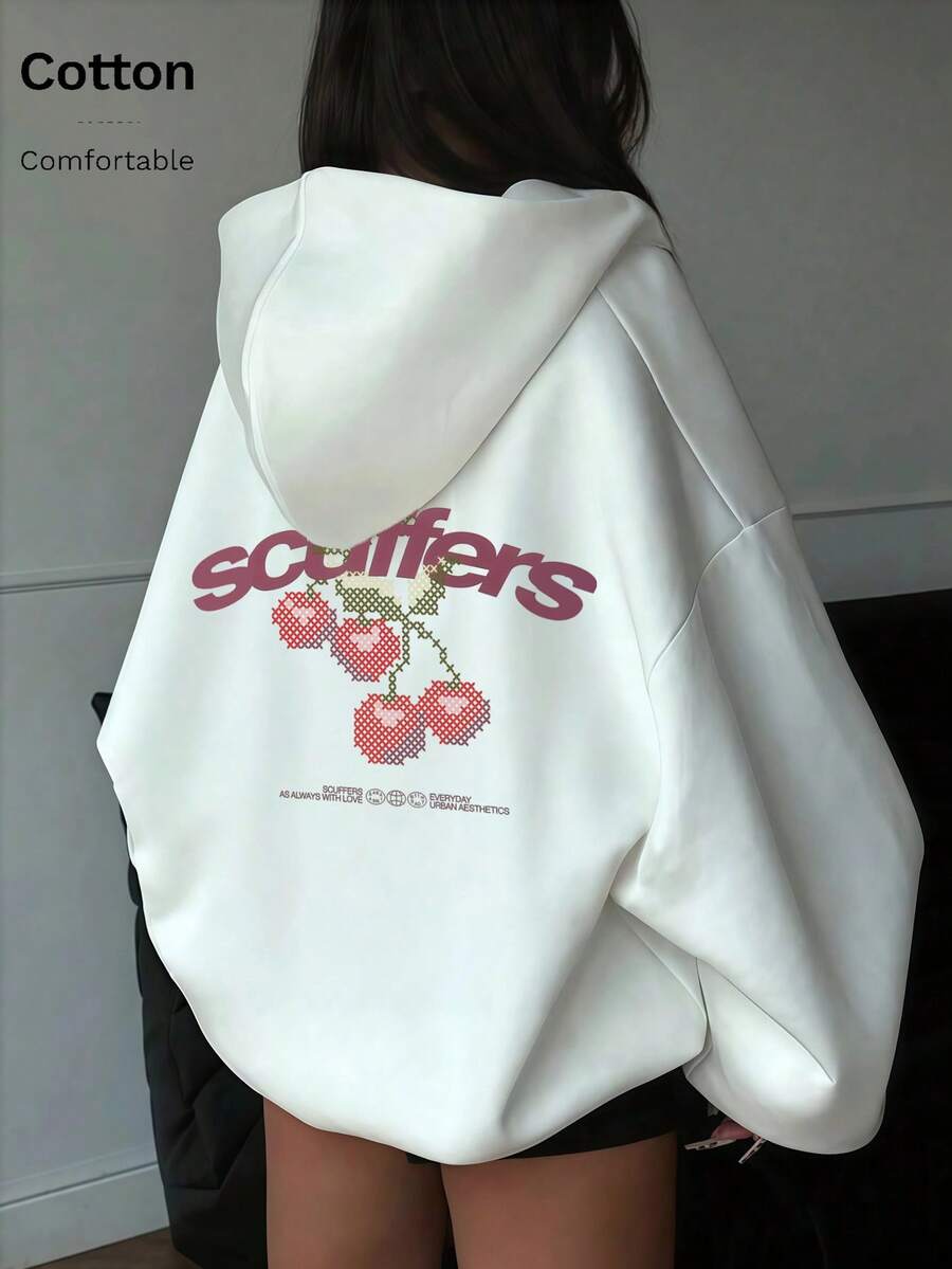 Áo hoodie nữ cỡ lớn màu đen in hình quả anh đào: Phong cách thường ngày, thoải mái và thời trang cho mùa thu/đông, phù hợp cho phụ nữ. - trắng - Xem 1