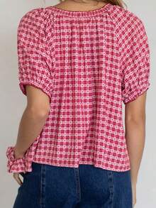 Plaid Puff Short Sleeve Shirts Women Button Down Crew Neck Babydoll Tops Summer Flowy Gingham Peplum Blouse - 粉色 - 查看 2