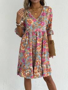 Women's V Neck Floral Print Ruffle Hem Tiered Midi Dress | Bohemian Casual Summer Dress - Orange - View 6