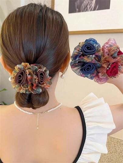 1pc Floral Elastic Hair Scrunchie, Elegant Ditsy Floral Hair Tie, High Elasticity, Suitable For Women's Daily Use And Hairstyling, Can Be Used For Ponytail ,Scrunchy Elastic Band
