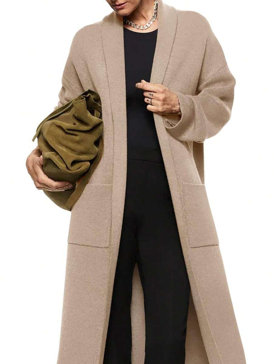 Womens Long Sleeve Maxi Cardigan Open Front Oversized Knitted Sweater Coat Casual Lapel Warm Overcoat With Pockets - Màu be - Xem 1