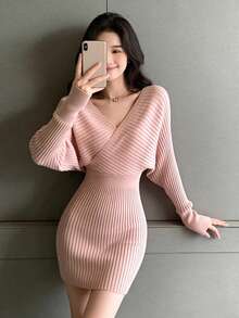 [Y6Y] 女士氛围感粉色露肩修身针织V领露背条纹性感连衣裙，适合春季穿着 - 粉色 - 查看 10