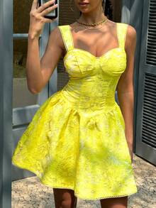 Women's Strappy Mini Dress With Open Back, Waist Tie Bow Detail - Chic Street Style, Casual Day Outings, Outdoor Photoshoots, Seaside Strolls, Romantic Garden Dates, Vacation, Plain Outfits - Yellow - View 2