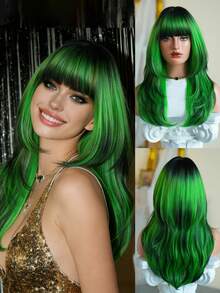 Peruci de păr verde lungi și ondulate naturale de 22 inch, cu evidențiere neagră și breton, peruci sintetice de înlocuire pentru petrecere, cosplay, festival, gata de utilizare