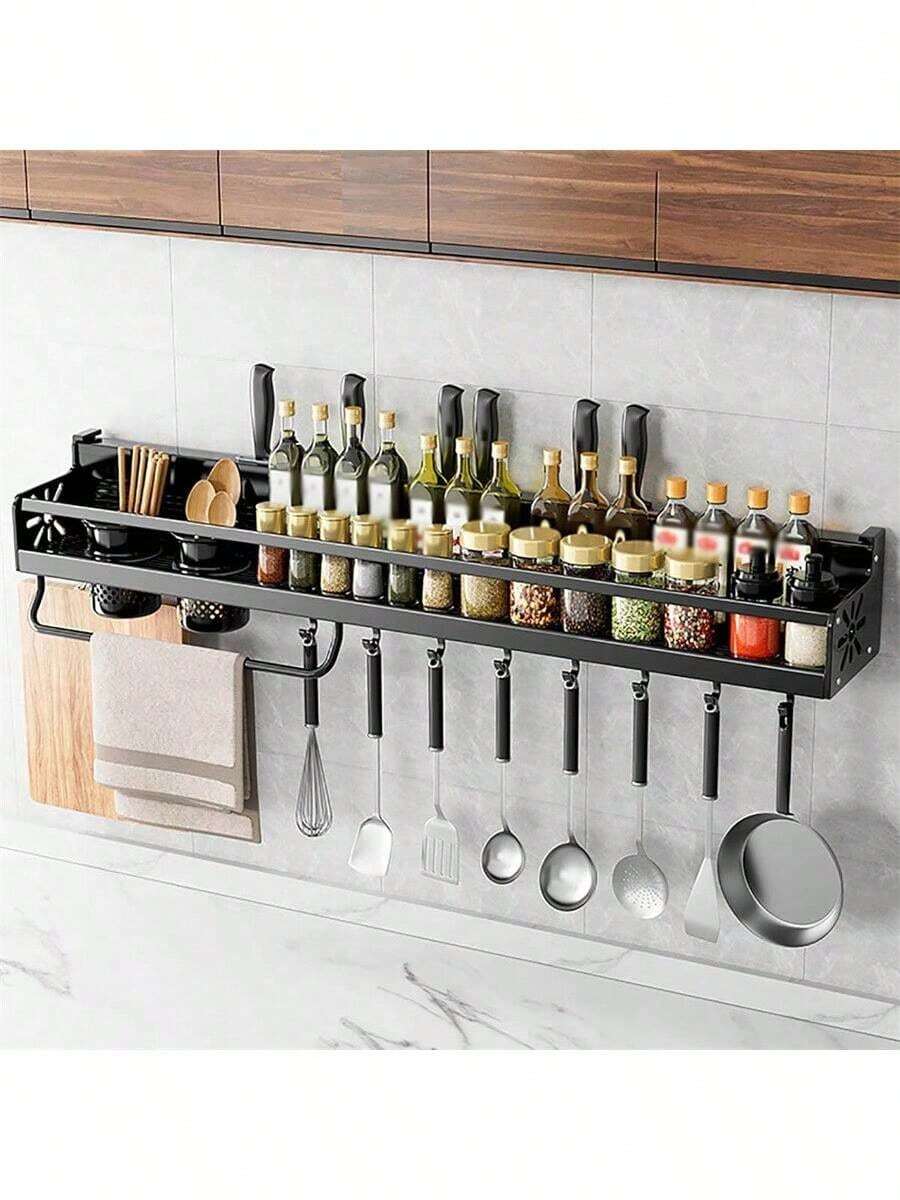 1pc Large Space-Saving Wall-Mounted Kitchen Organizer With Hooks- No-Drill Metal Rack For Utensils, Knives & Spices (23in *5in*4.3in), Kitchen Storage Shelf For Utensils Spatula Spoon, Seasoning Jar Organizer - màu đen - Xem 1