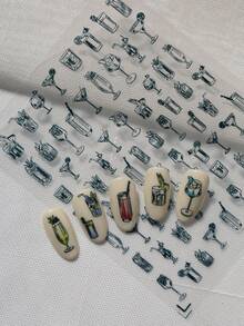 A Wine Glass Cocktail Main Picture Nail Sticker, Embossed Texture, Black And White Hand Drawn Style, With High Footed Cup, Cocktail Glass, Cocktail Shaker, Cold Drink Cup And Other Wine Utensil Patterns, Suitable For Personal DIY And Creating A Casual And Simple Style Nail Art Nails - Black - View 5