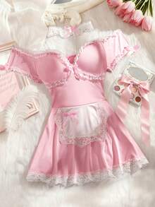 2 Pcs Sexy Women's Maid Unifrom Costumes Dress & Bow-Decorated Lace Neck Ring & Deep V-Neck Chest Bow-Decorated Lace Trim Contrasting Color Sexy Lingerie Dress