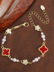 1pc Casual Elegant Design Mori Style Vintage Hong Kong French Romantic Geometric Heart Layered Bracelet - Red, White and Gold - View 5