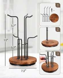 360° Rotating Mug Tree For Large Cups, Counter Coffee Mug Holder With 6 Hooks, Metal Coffee Cup Rack Stand For Countertop With Stable Wooden Base, Kitchen Counter Decor XAZ-B03 - 6個鉤子 - 查看 4