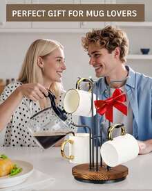 360° Rotating Mug Tree For Large Cups, Counter Coffee Mug Holder With 6 Hooks, Metal Coffee Cup Rack Stand For Countertop With Stable Wooden Base, Kitchen Counter Decor XAZ-B03 - 6個鉤子 - 查看 8