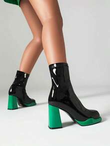 Platform Chunky Heel Ankle Boots Women Square Toe Mid Calf Boots With Side Zippers Party Cosplay Dance Gogo Boots - 綠色 - 查看 2