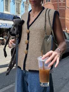 Women's Casual V-Neck Sleeveless Knit Cardigan Vest With Heart-Shaped Metal Buttons, Loose Fit, Contrast Trim, Khaki, Spring/Autumn - Apricot - View 4