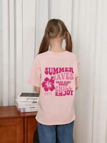 Tween Girl Casual Fun Print Round Neck Short Sleeve T-Shirt Top, Summer - Pink - View 2