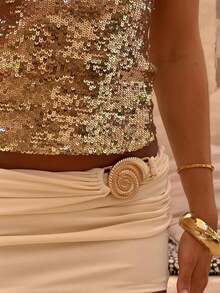 Womens Shiny Sequin Crop Tank Top, V Neck Sleeveless Party Streetwear Top - Gold - View 5