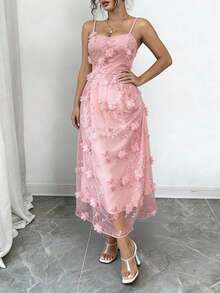 Đầm slip lưới màu hồng in hoa 3D, đầm dự tiệc thanh lịch dành cho nữ. - Hồng - Xem 9