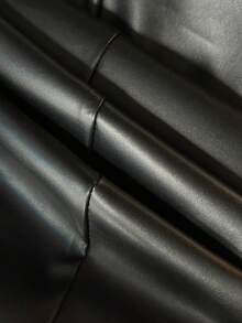 女士高腰酒红色仿皮阔腿裤 – 无弹力，无衬里，隐形拉链 - 黑色 - 查看 4