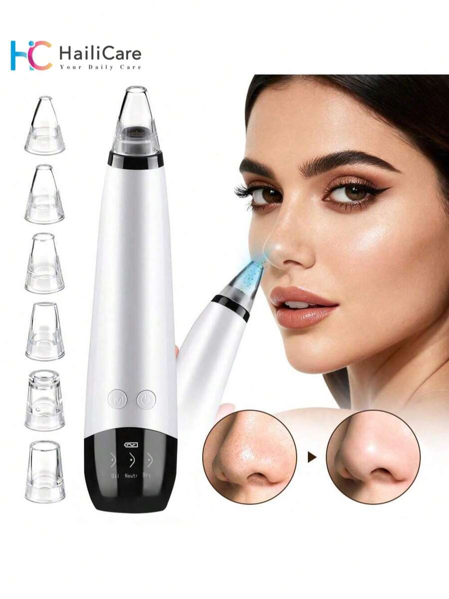 Hailicare 男女通用电动黑头仪，3档吸力，6个可替换吸头，53Kpa强劲吸力，400mAh电池，Micro-USB充电，情人节礼物 - 白色 - 查看 1