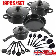 [19pcs Heavy-Duty Non-Stick Cookware Set] 19pcs Non-Stick Cookware Set With Glass Lids | Durable Easy To Clean Kitchen Cookware For Home Cooking | Includes Frying Pan, Saucepans, Pots | Multiple Options (1pc 24Cm/26Cm/28Cm Pan) - Negro - Ver 1