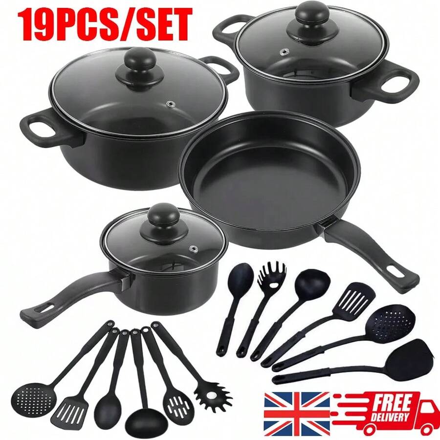 [19pcs Heavy-Duty Non-Stick Cookware Set] 19pcs Non-Stick Cookware Set With Glass Lids | Durable Easy To Clean Kitchen Cookware For Home Cooking | Includes Frying Pan, Saucepans, Pots | Multiple Options (1pc 24Cm/26Cm/28Cm Pan) - Negro - Ver 1