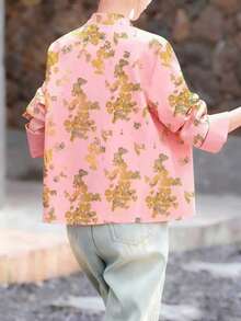 中国新年女士立领长袖印花梭织衬衫裙，纽扣前襟，常规长度 - 粉色 - 查看 4