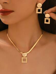 2pcs/Set New Geometric Circle & Square Pendant Necklace & Earrings Set, Minimalist Elegant Clavicle Jewelry For Daily Wear And Outings - Yellow Gold - View 1