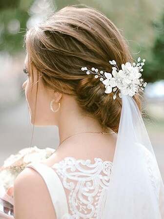 3 Piecesset Of Large Flower Bride Wedding Hairpin, Crystal Pearl Hairpin, Headpiece, Bride's Hair Accessory, Jewelry, Diamond Inlay, Glittering Relief, White Flower
