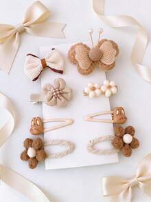 一套（8个）米色毛绒蝴蝶结、花朵、卡通兔子儿童发夹，可爱发饰