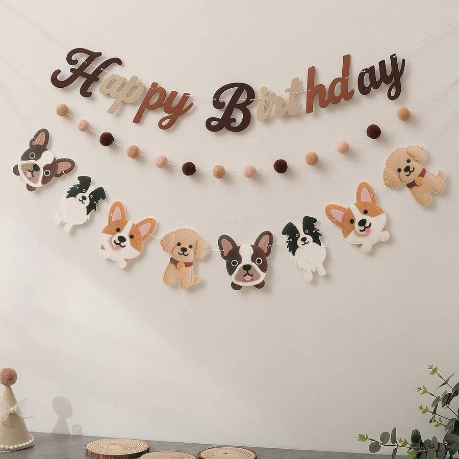 博美犬、柯基犬、比格犬、贵宾犬、金毛寻回犬、拉布拉多犬、斗牛犬幼犬宠物旗，生日快乐派对装饰横幅，带毛绒字母吊坠 - 彩色 - 查看 1