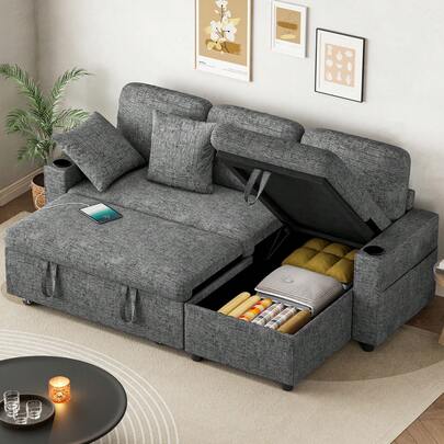 Sofa Bed,3 Seater L-Shaped Sofa Bed,3 In 1 Sectional Couch With USB & Type-C Ports And 2 Cup Holders,Convertible Corner Couch With Large Storage Space For Living Room
