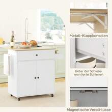 Kitchen Island, Kitchen Trolley On Wheels With Fold-Down Worktop, Drawer, Rolling Kitchen Cabinet With Shelf, Towel Rail, Spice Rack, Serving Trolley, White - White - View 4