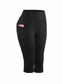 3pcs/Set Plus Size Pocket Printed Yoga Pants, High Waist Fitted Slimming Workout Leggings Capri Pants - 黑色 - 查看 5