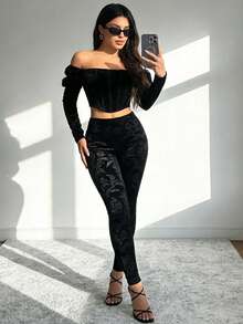 Edgy Gothic Punk Floral  Jacquard Velvet Leggings-Unleash Your Dark Style - màu đen - Xem 2