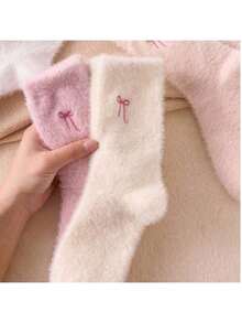 1pair Christmas Socks Woman White And Pink Fuzzy Women's Crew Socks, Bow Pattern Warm Socks, Soft And Comfortable, Suitable For Autumn And Winter,Random Colors - 粉色 - 查看 5