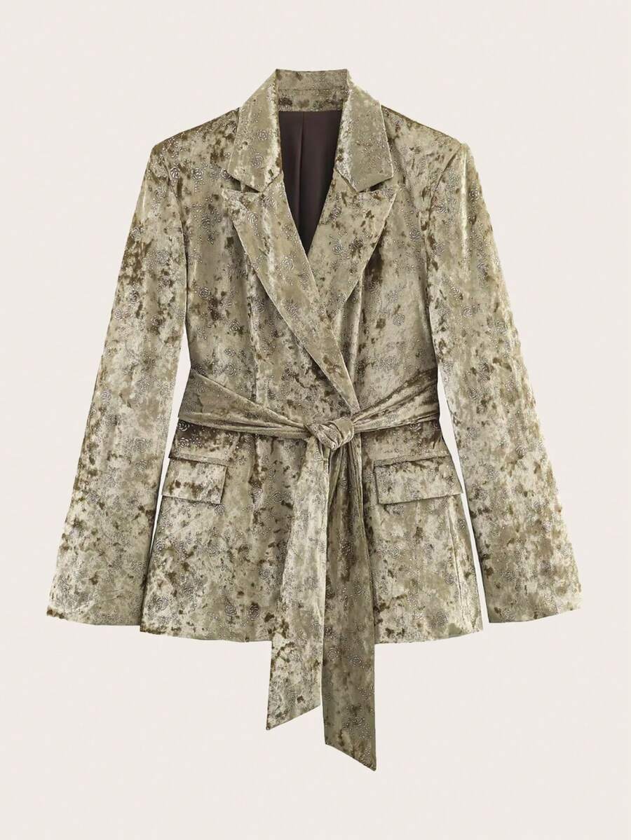 Velvet Printed Waist Belt Suit, Suitable For Spring And Autumn - Olive Green - View 1