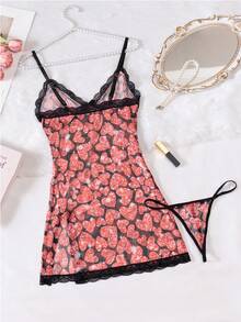 2 piezas Nuevo conjunto de lencería sexy con estampado de corazón de diamante que incluye camiseta y pantis, para el Día de San Valentín - negro rojo - Ver 7