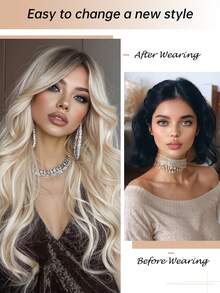 24 Inch Ombre Golden Wavy Wig With Bangs, Heat Resistant Synthetic Wig For Women, Suitable For Party And Daily Wear - 金色 - 查看 2