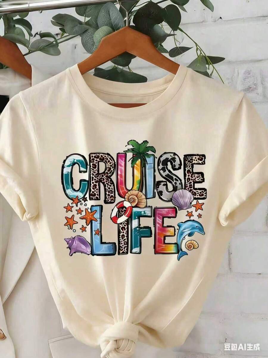 Women "Cruise Life" Summer Vibe Letter Print Short Sleeve Crew Neck T-Shirt-White And Navy Off-The-Shoulder Cropped Top ST Patrick' S Day - 杏色 - 查看 1