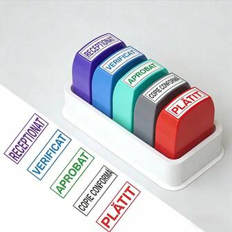 5 piezas Sellos de oficina en rumano, sellos de aprobación de oficina de contabilidad y finanzas con tinta previa - Para aprobación de copias pagadas en la oficina - Con bandeja