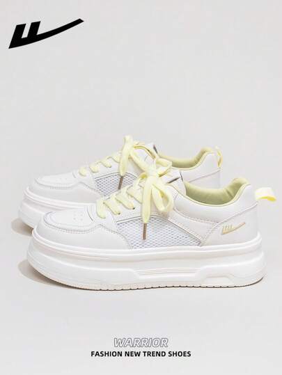  1 Pair WARRIOR Women's Thick Sole Lace-Up Soft Bottom Casual Shoes, Low-Top Outdoor Flat Shoes, Round Toe Low Heel Non-Slip Solid Color Elegant Soft Bottom Hiking Shoes, Suitable For Students, Graduation Photos, Flat Shoes, Low-Top Leather Face Sports Skateboard Shoes