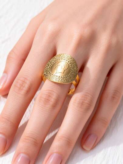 Herseygold 1pc Adjustable Size Copper Plated Gold Tone Turkish Coin Totem Oversized Ring, Neutral, Middle Eastern Arabic Bridal Jewelry, Luxury Gift For Weddings & Holidays