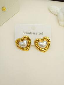 9 Pairs Vintage Luxurious Fashion Gold-Tone Pearl Earrings & Studs, Lightweight Elegant Design With Multiple Pearl Embellishments - Gold - View 9