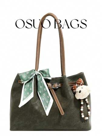 Damväska i enfärgad PU-läder med stor kapacitet, fyrkantig retro-väska med halsduksdekor, design med dubbla handtag, lämplig för vardag och pendling, levereras med hänge